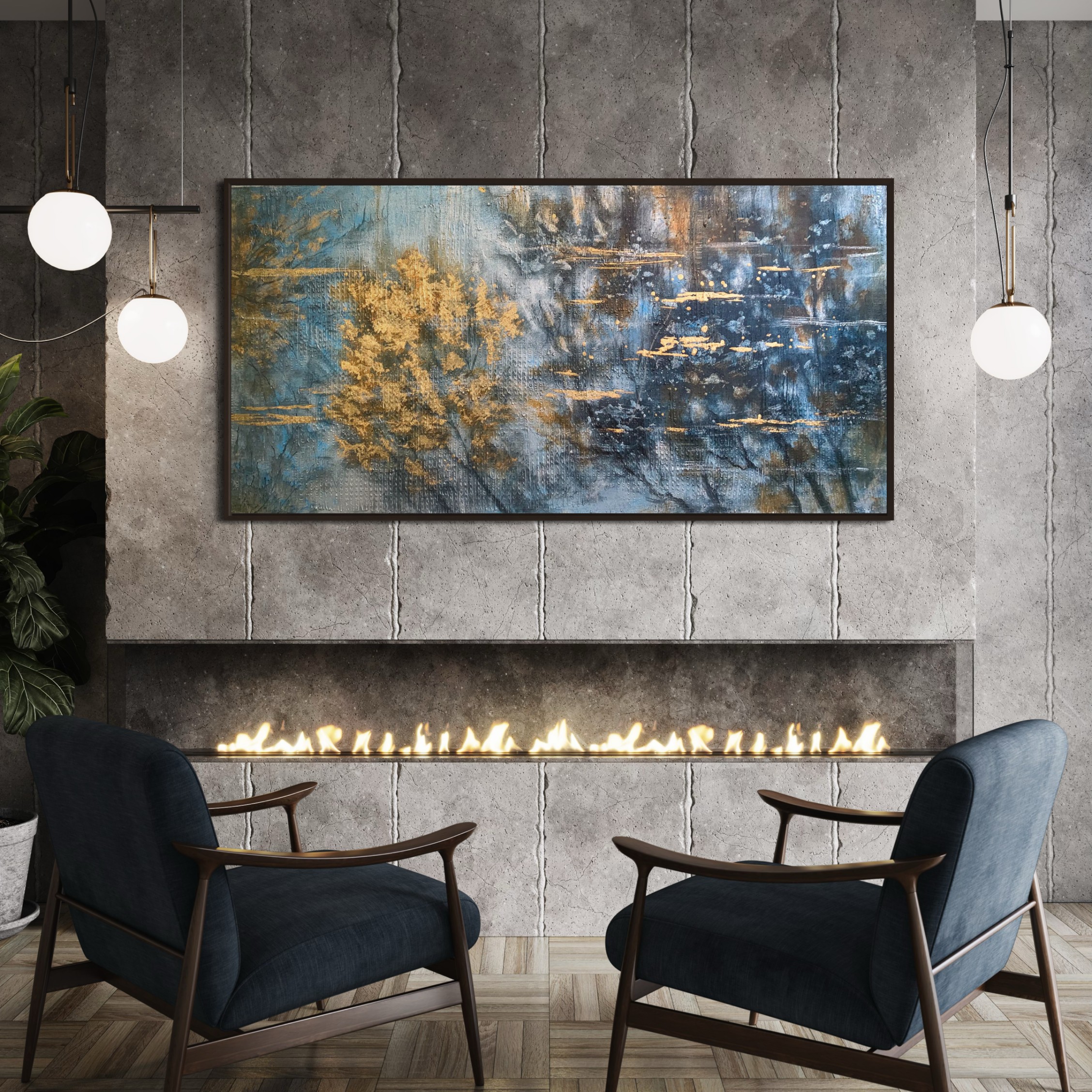 Gold Leaf Abstract Painting: Blue Winter Scenery