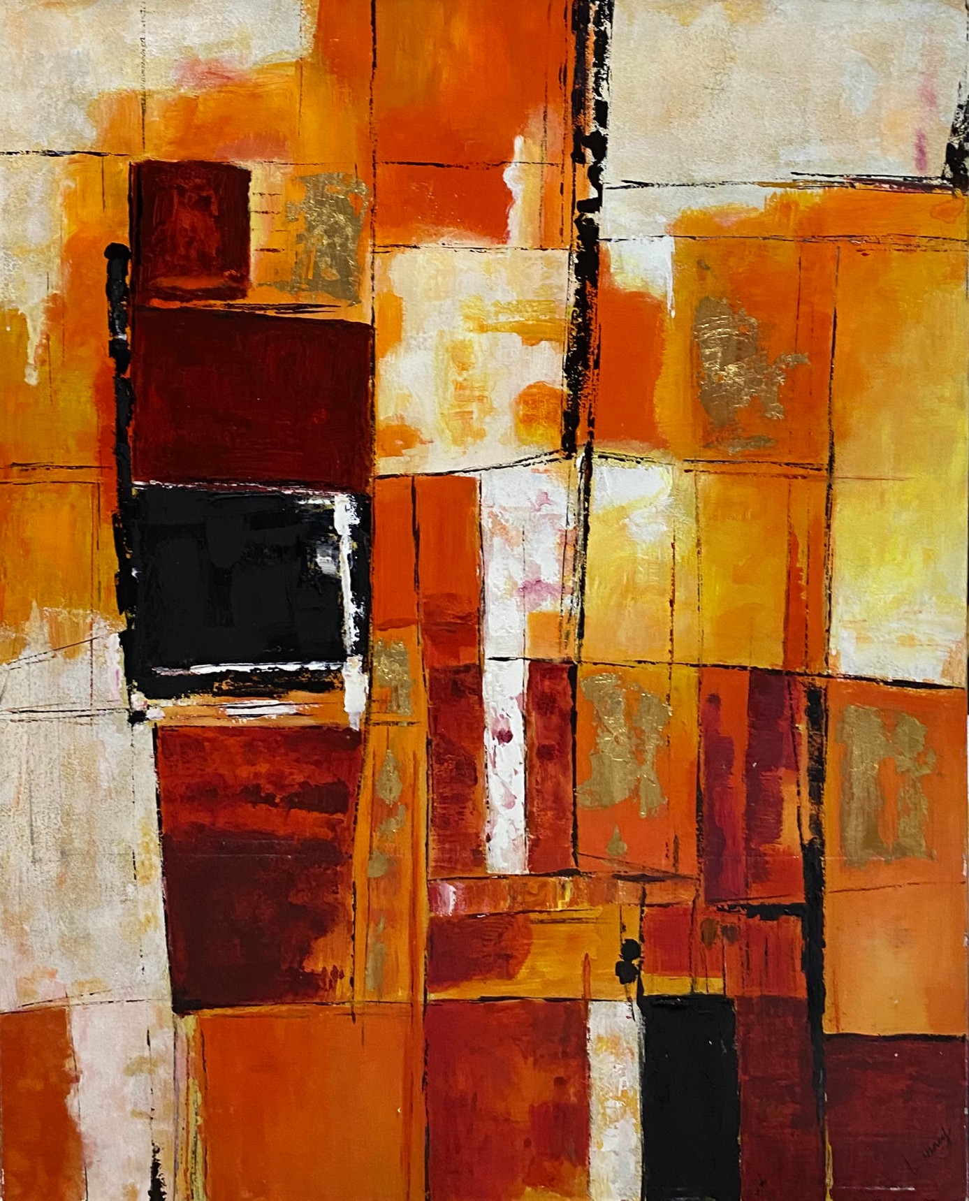 Large Orange Abstract Expressionism Painting with Gold Leaf
