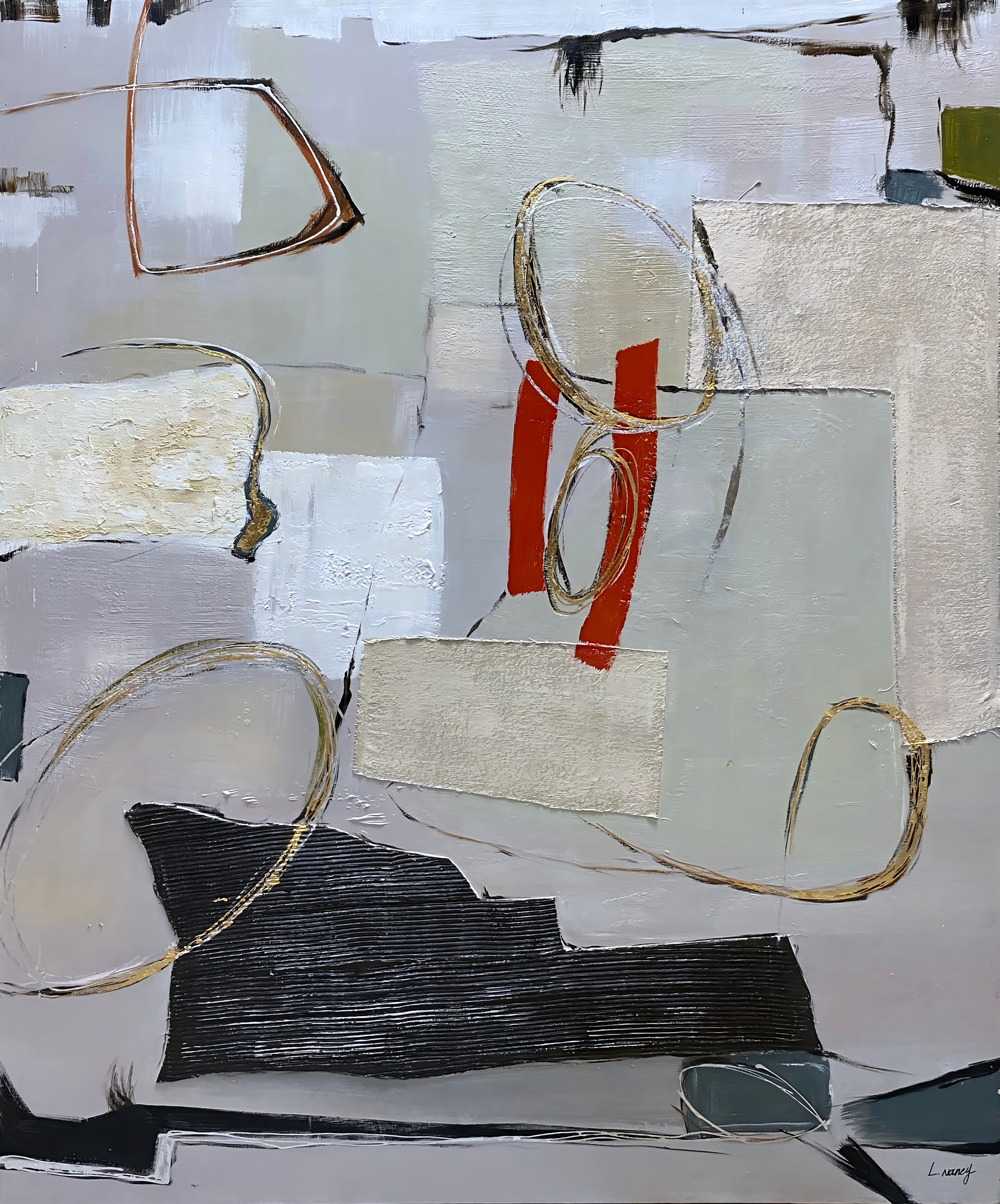 Abstract Composition with Red and Gold Gestures