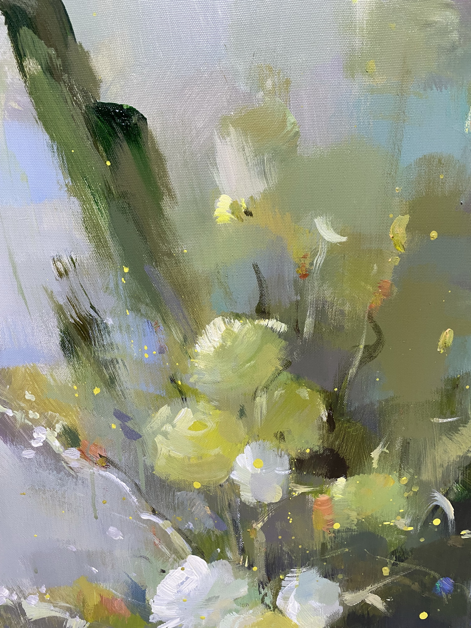 Green Vase with Yellow and White Flowers
