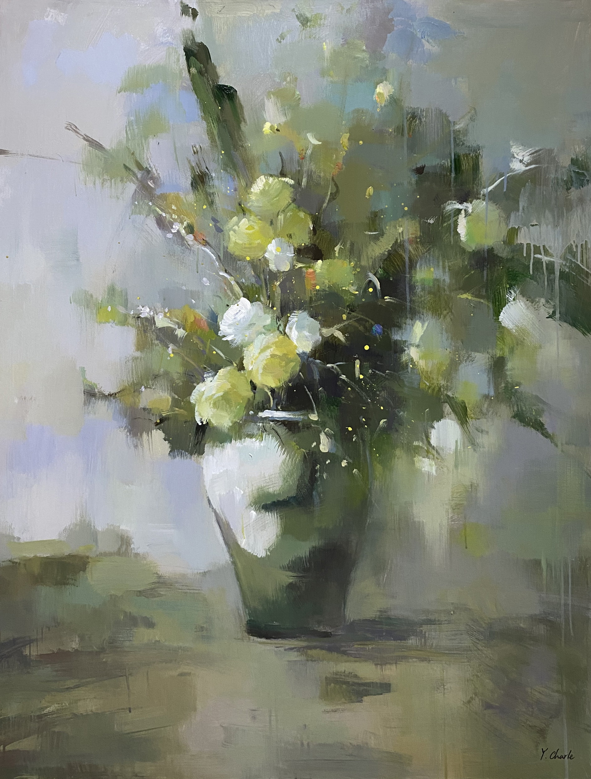 Green Vase with Yellow and White Flowers